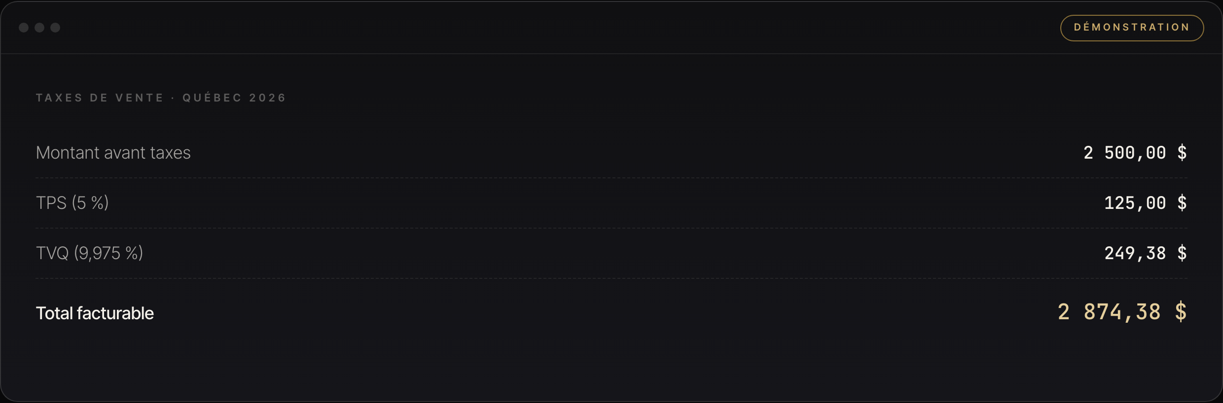 MazeCompta running live — Quebec sales tax (TPS + TVQ) calculated to the cent